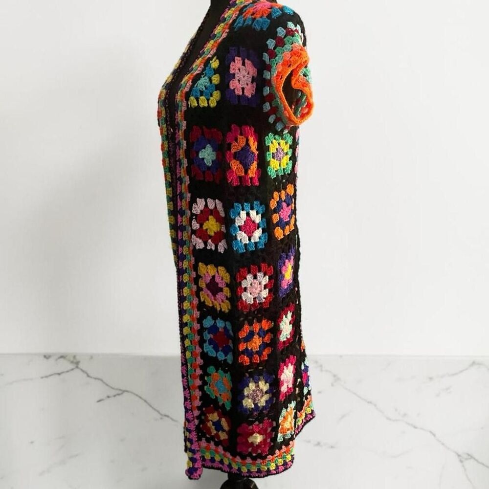 Multicolor Crochet Granny Square Duster Vest Boho Festival Longline Cardigan - Picture 6 of 7